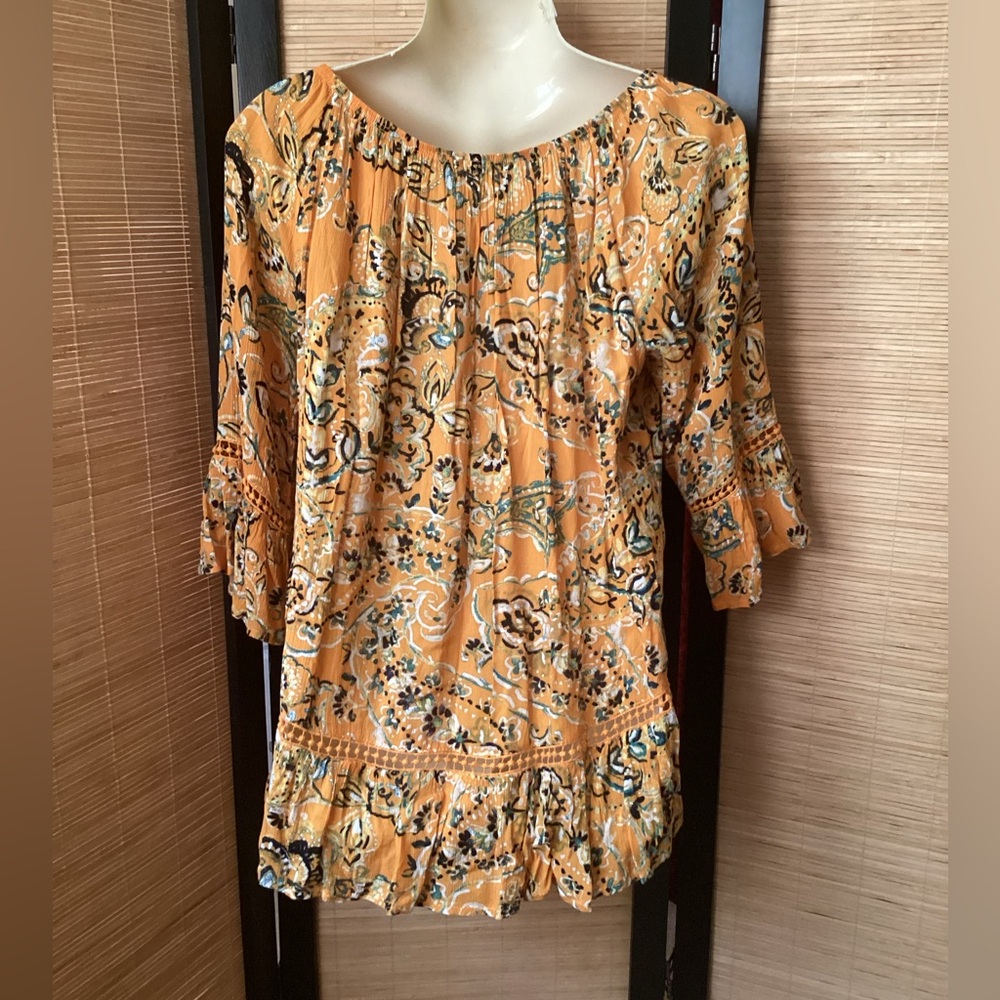 💗 FEVER Paisley Women's Top Sz S crochet accents boho yellow orange - Picture 3 of 8